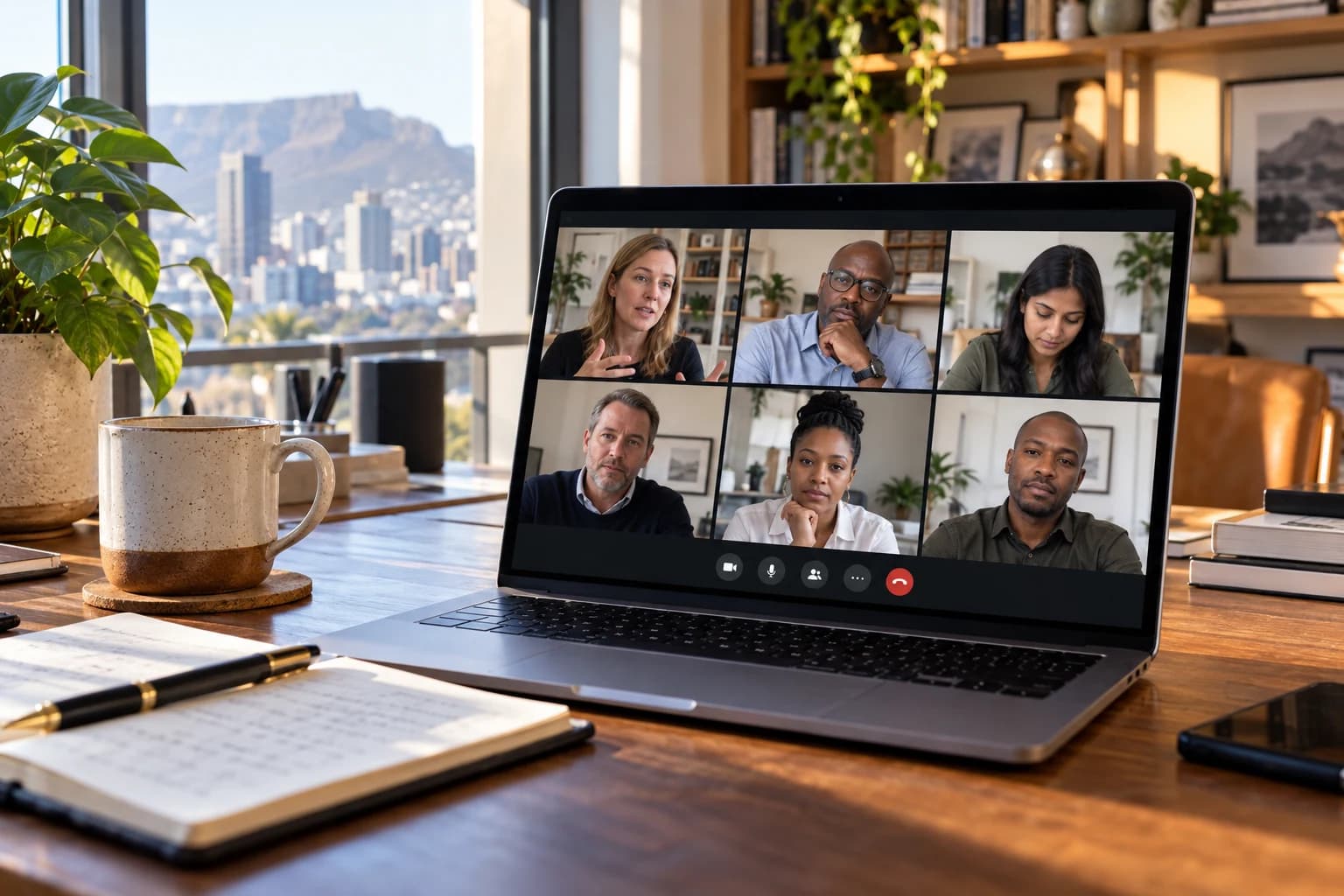 Six professionals meeting by video from a warm home office