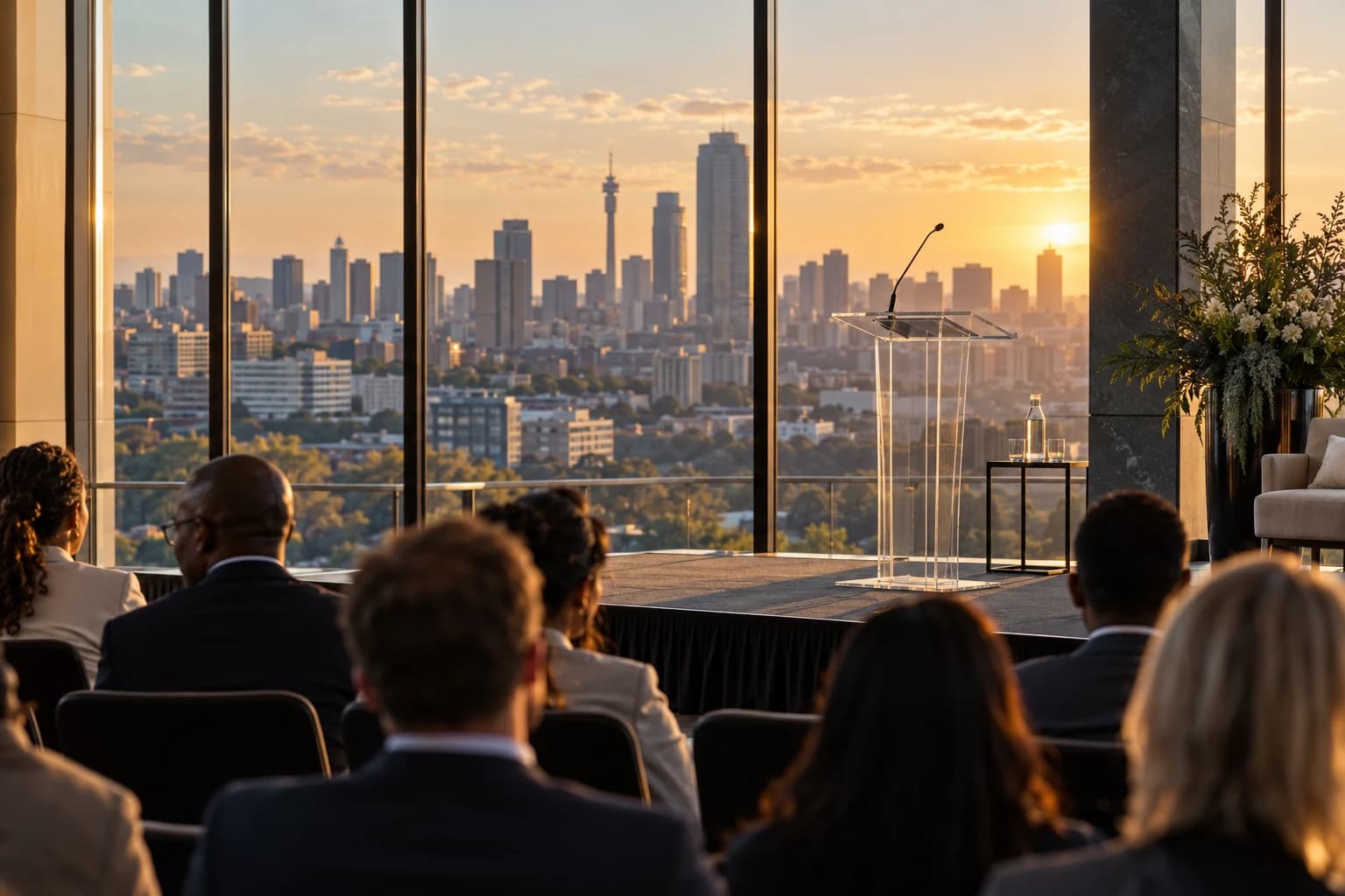 Audience awaiting a keynote in a sunlit city conference venue
