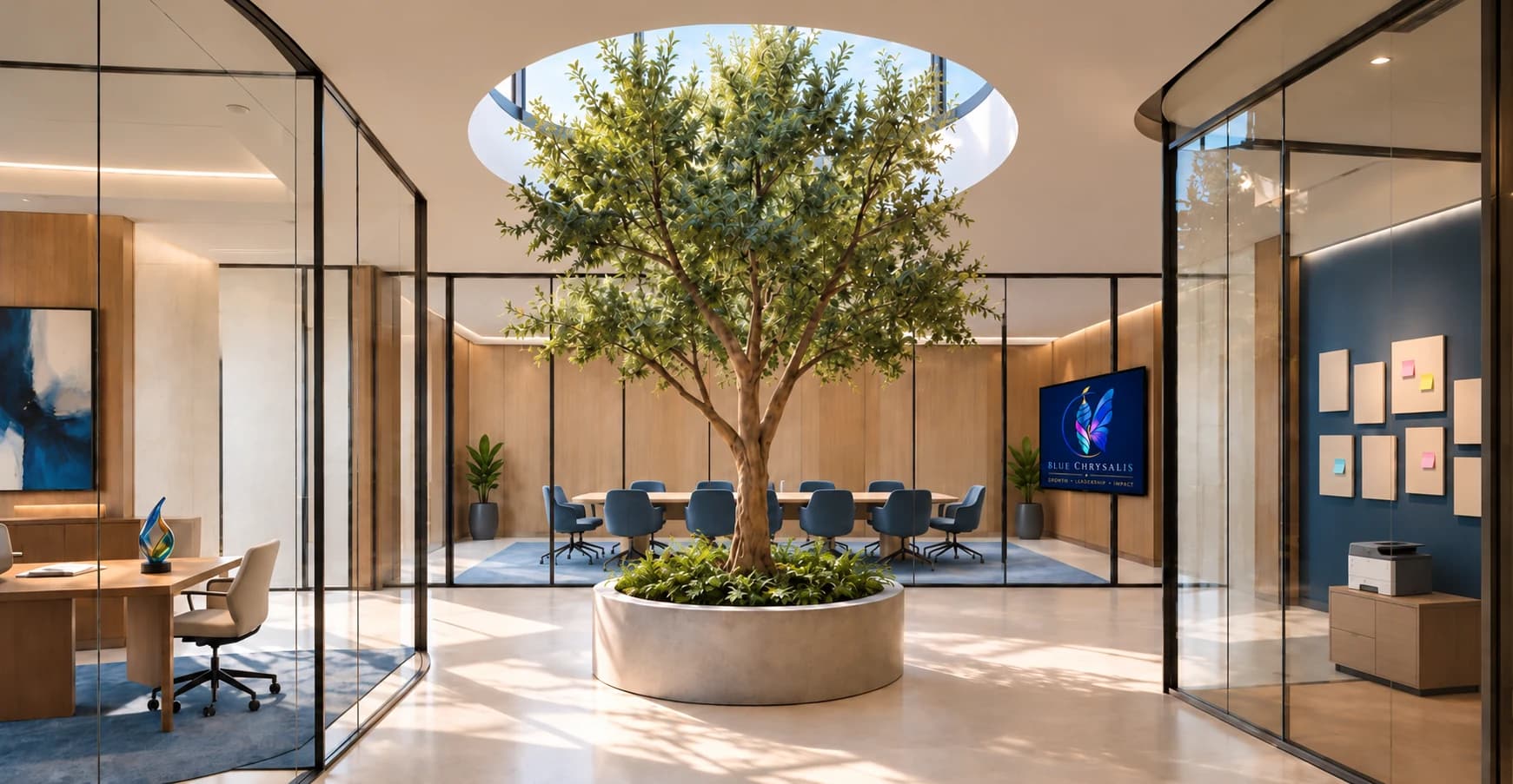 Sunlit corporate corridor with a tree beneath a skylight