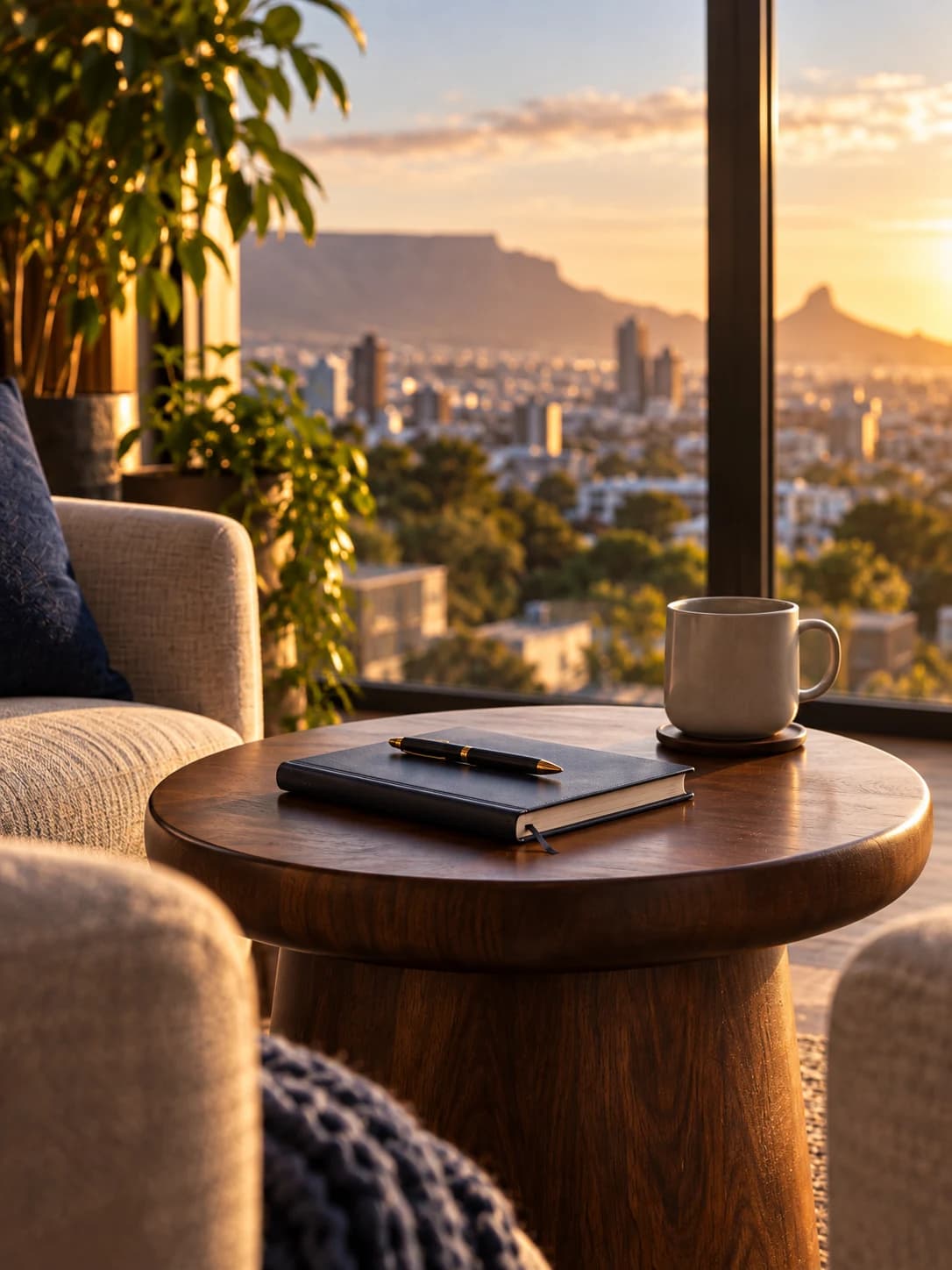 Private coaching setting with two armchairs, a notebook and a city view