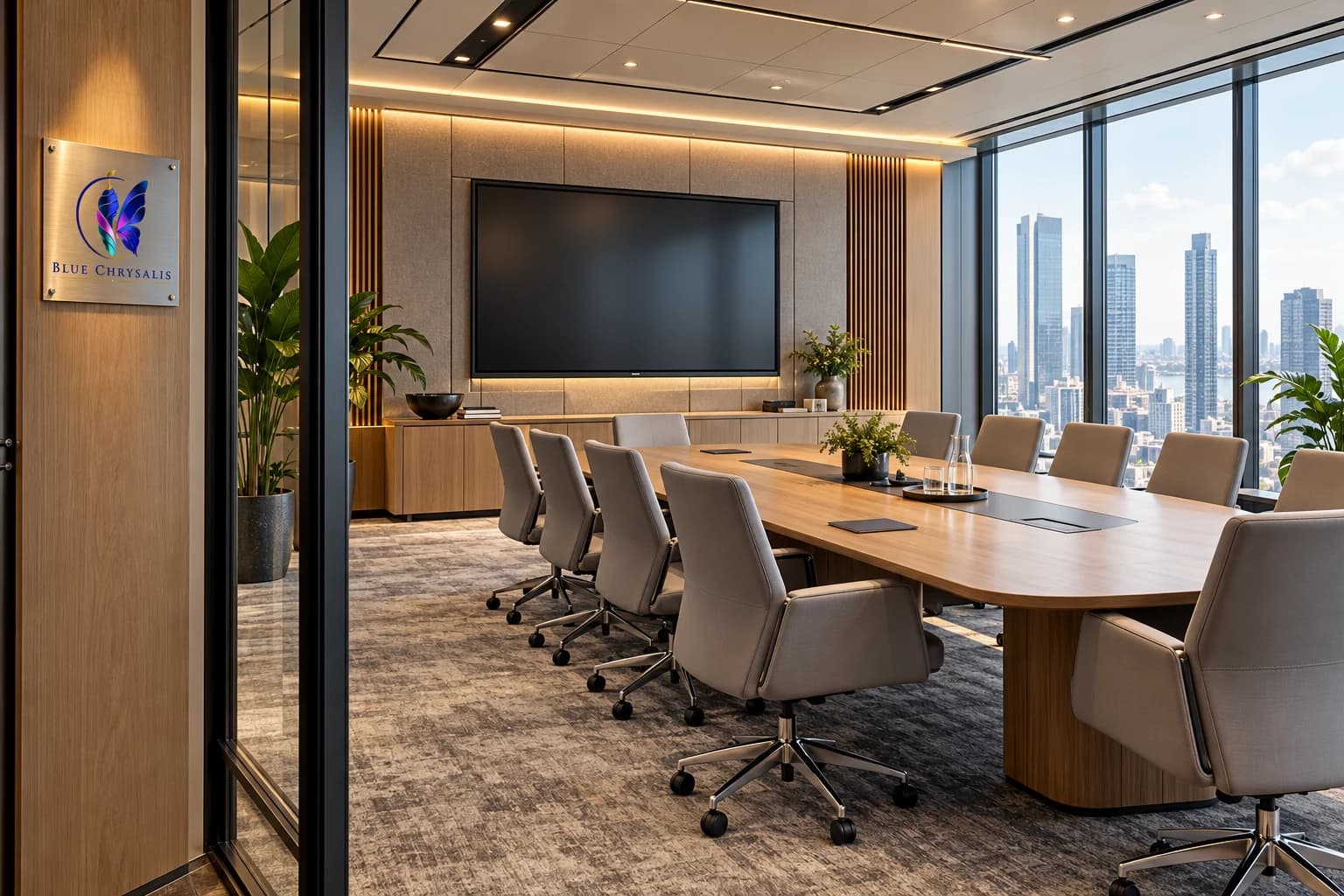 A contemporary executive meeting space overlooking the city