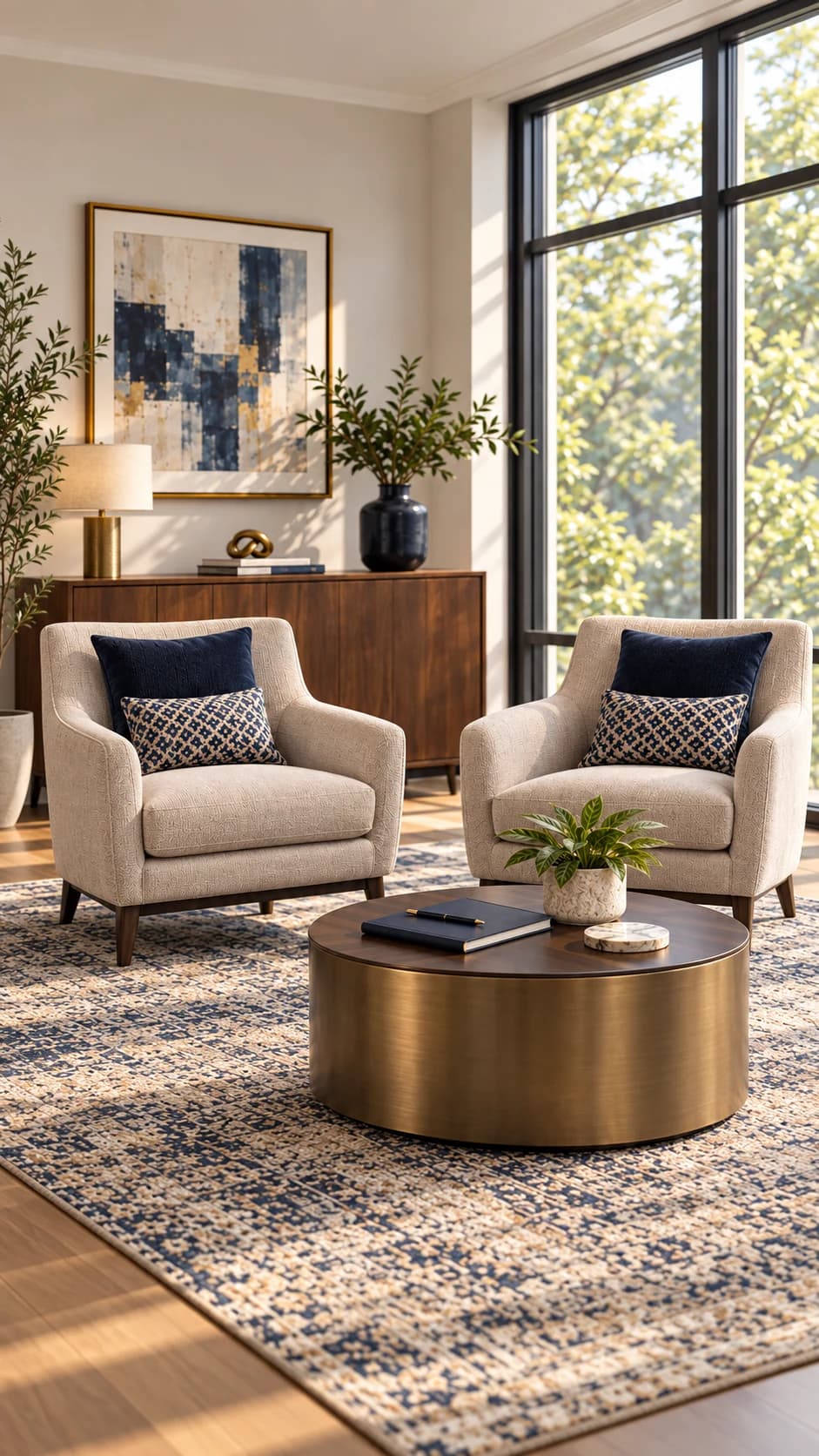 Warm contemporary office lounge with two armchairs by a sunlit window