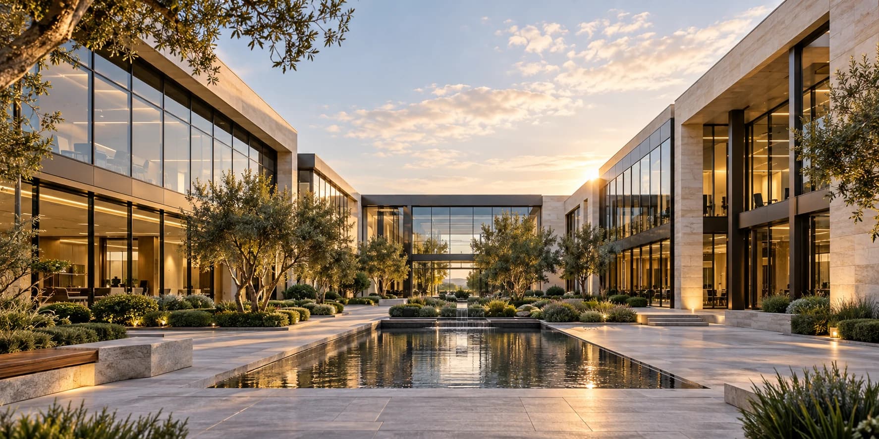 Contemporary business campus at sunset