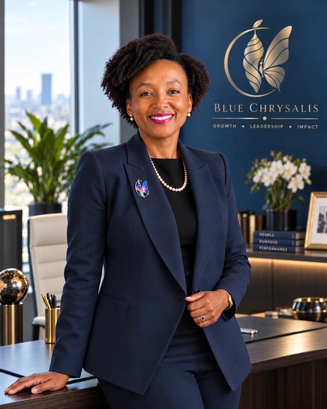 Tebo Shabangu in a navy suit in her office
