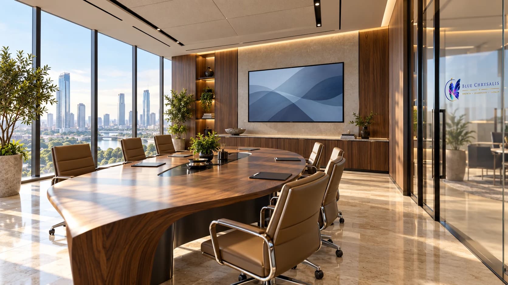 Light-filled executive meeting room with a curved table
